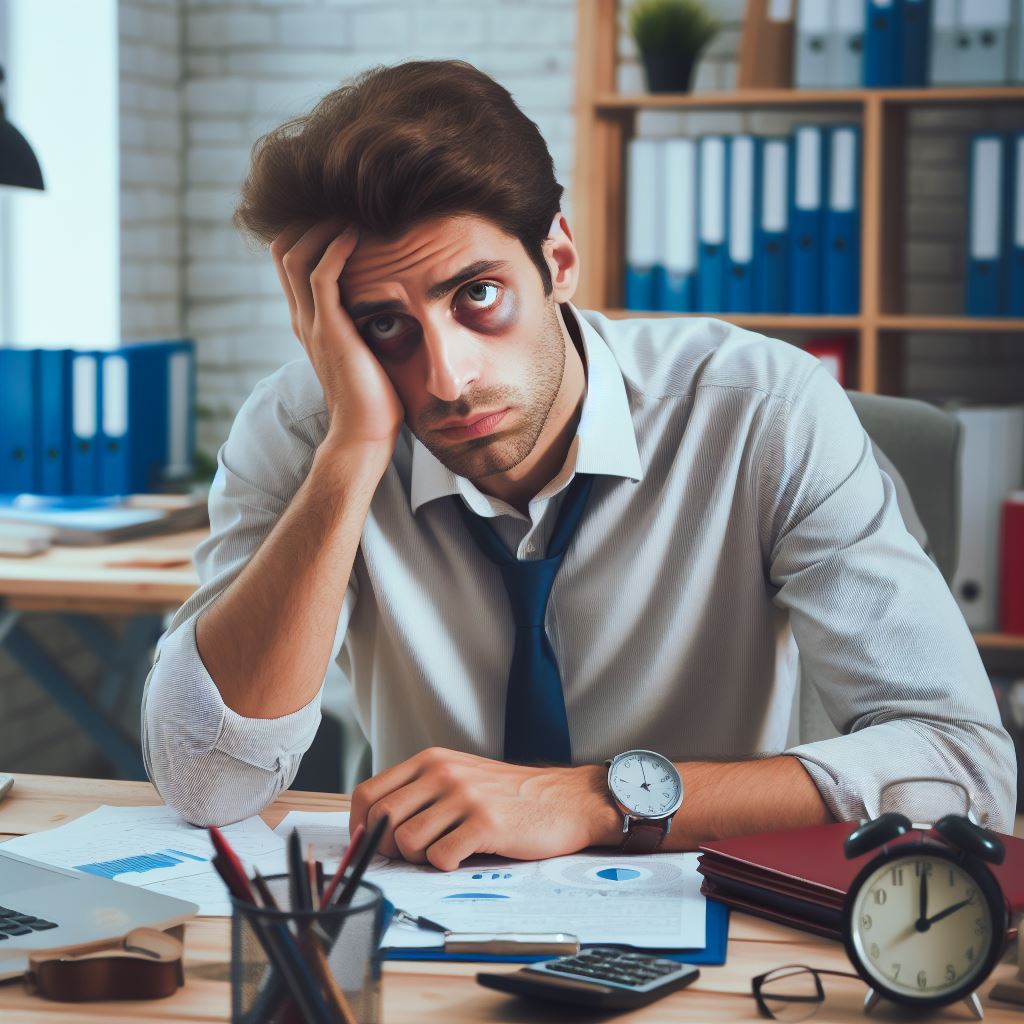 homem muito cansado em sua mesa de trabalho pensando em tudo que tem pra fazer